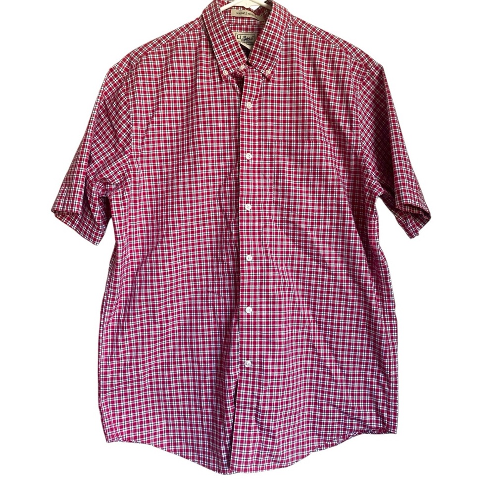 L.L.Bean Red Gingham Plaid Short Sleeve Button Up Shirt M Men's Wrinkle Resistan